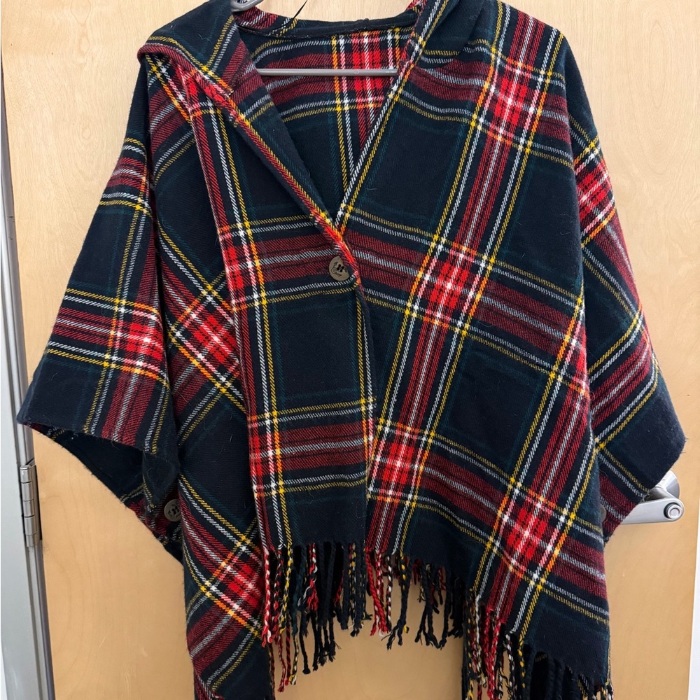 Plaid Buttoned Poncho with Fringe